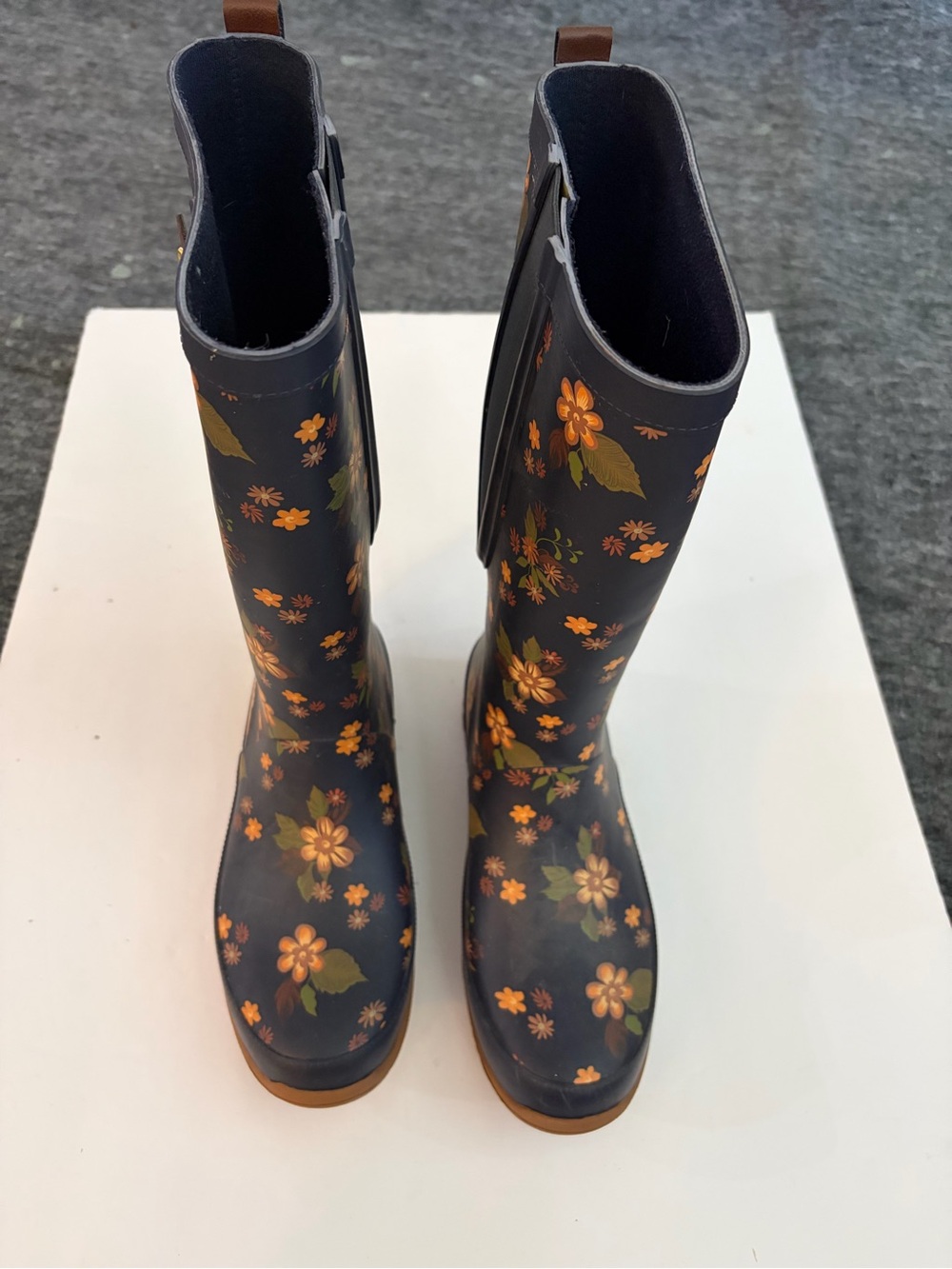Western Chief Navy Floral Knee-High Rain Boots with Orange Flowers